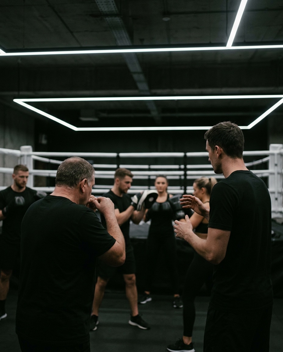 Two coaches leading a padwork course for a group of fitness instructors